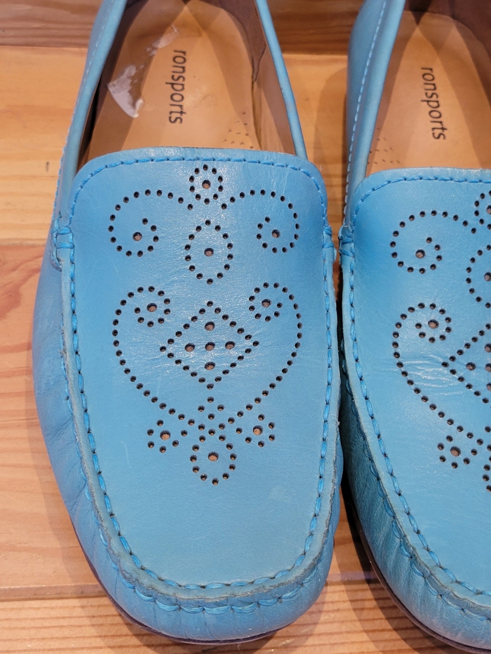Ronsports- Women's Teal Perforated Leather Loafers - Picture 2 of 5